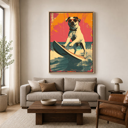 Surfing Dog Canvas Wall Art for Living Room | Cool Beach Dog Canvas Wall Decor