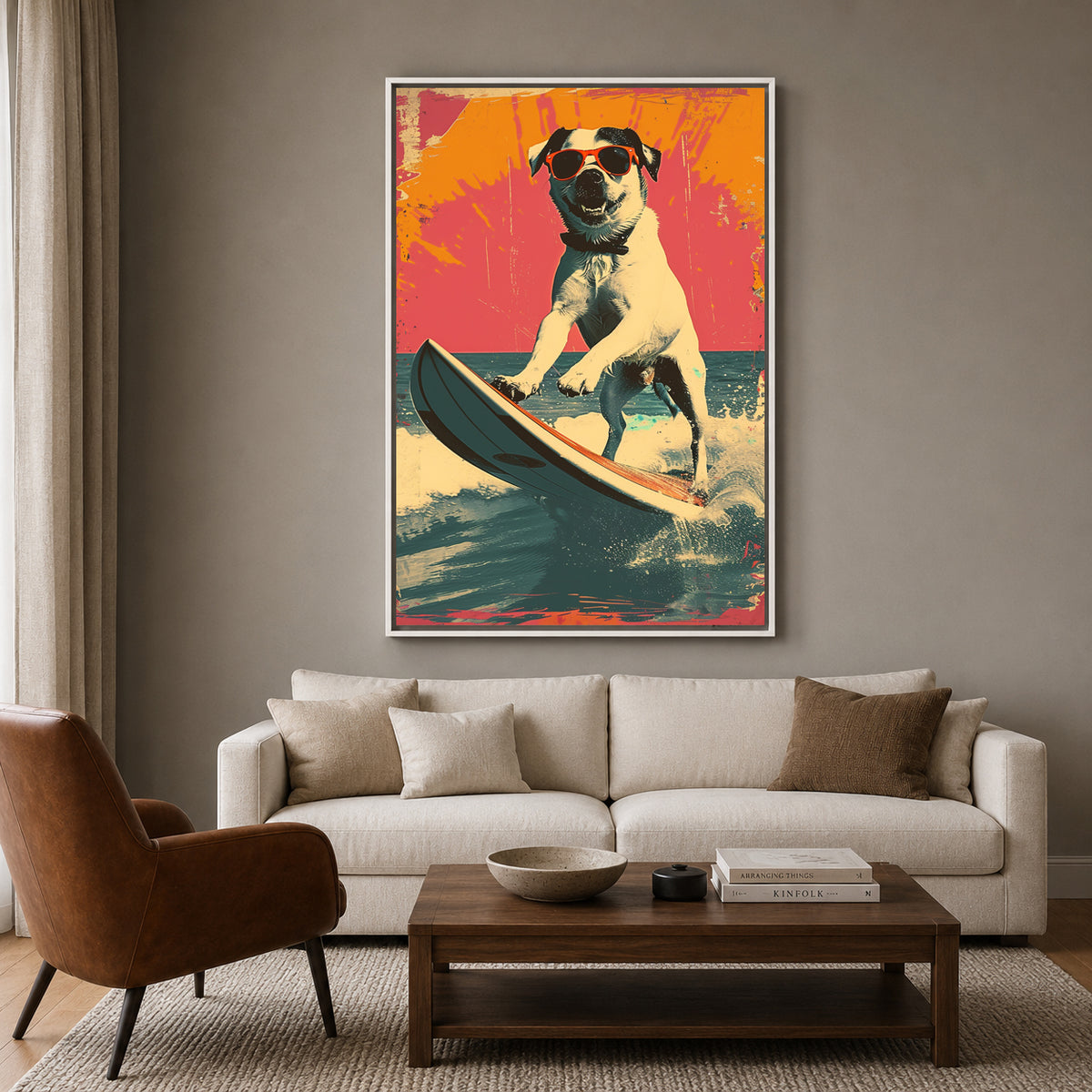Surfing Dog Canvas Wall Art for Living Room | Cool Beach Dog Canvas Wall Decor