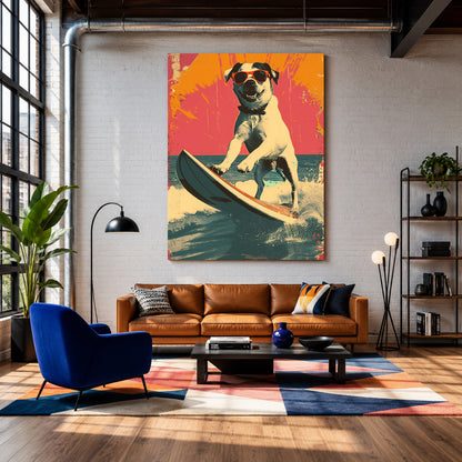 Surfing Dog Canvas Wall Art for Living Room | Cool Beach Dog Canvas Wall Decor
