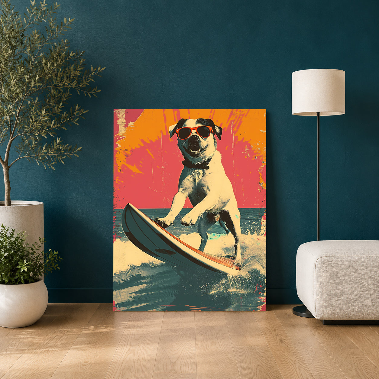 Surfing Dog Canvas Wall Art for Living Room | Cool Beach Dog Canvas Wall Decor