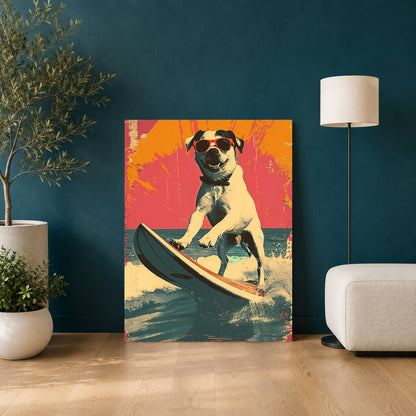 Surfing Dog Canvas Wall Art for Living Room | Cool Beach Dog Canvas Wall Decor