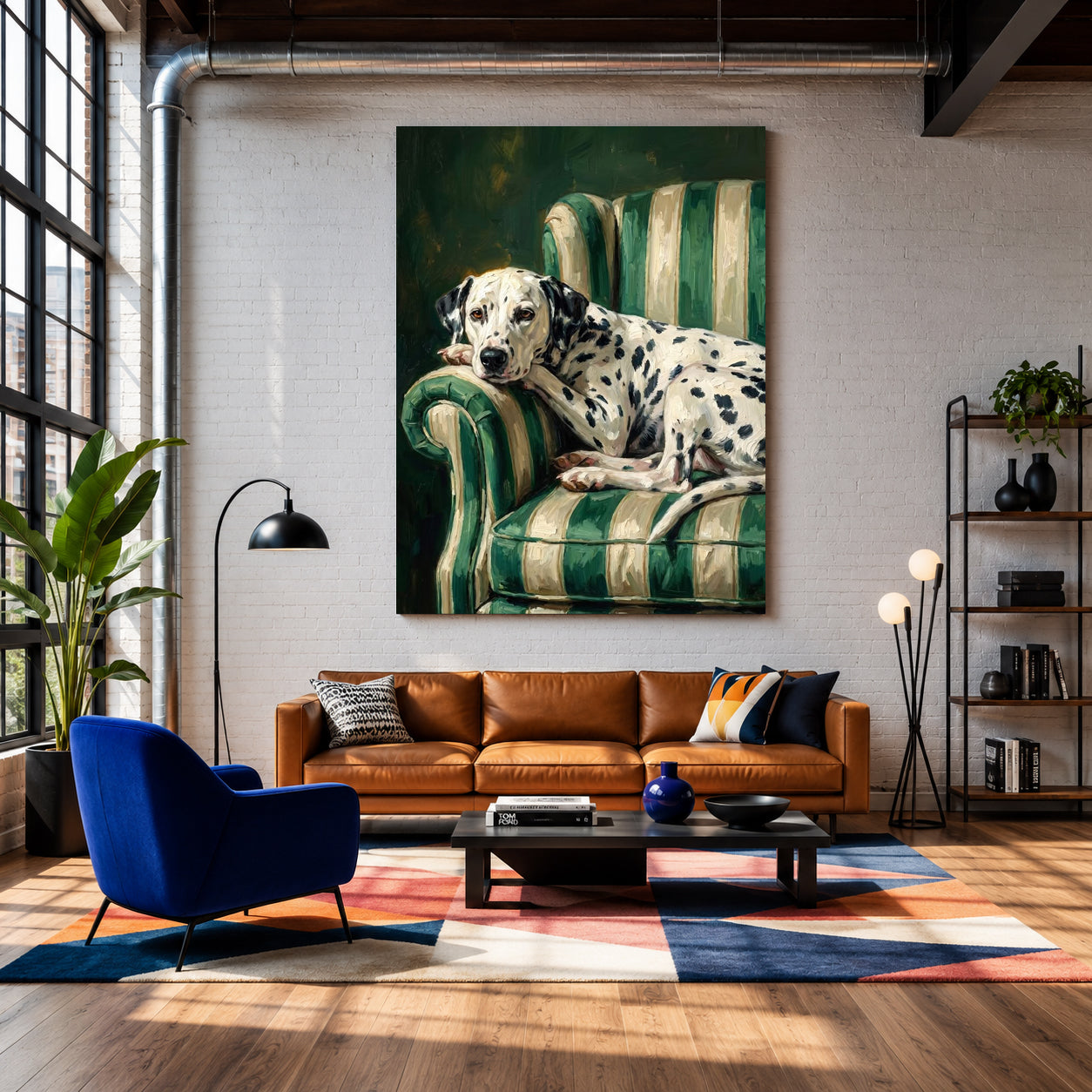 A large vertical canvas print of a Dalmatian resting on a green striped armchair, displayed on a white brick wall in a modern living room setting with a brown leather sofa, blue armchair, and colorful geometric rug.