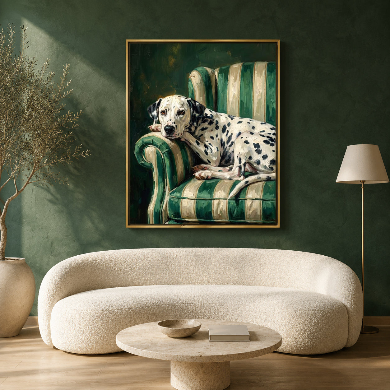 A framed art print depicting a Dalmatian resting on a green striped armchair, displayed on a dark green wall above a modern cream-colored curved sofa in a styled living room.