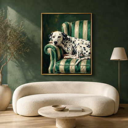 A framed art print depicting a Dalmatian resting on a green striped armchair, displayed on a dark green wall above a modern cream-colored curved sofa in a styled living room.