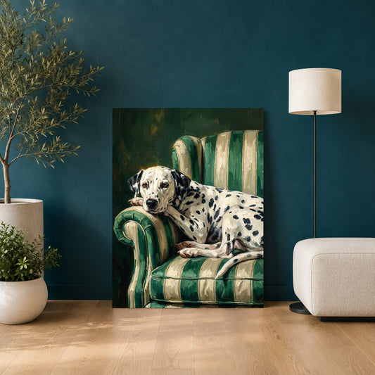 A vertical canvas art print depicting a Dalmatian resting on a green striped armchair, displayed in a styled room setting against a dark teal wall.