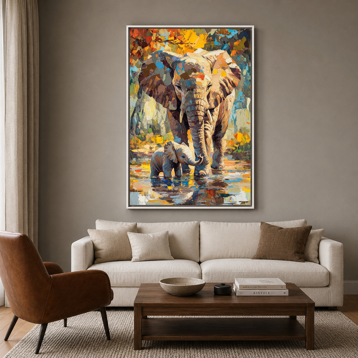 Elephant Canvas Wall Art for Living Room | Mother & Baby Wildlife Wall Decor