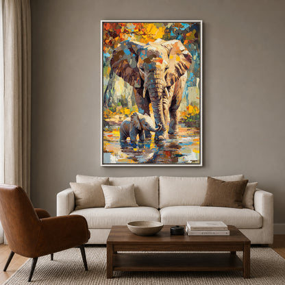Elephant Canvas Wall Art for Living Room | Mother & Baby Wildlife Wall Decor