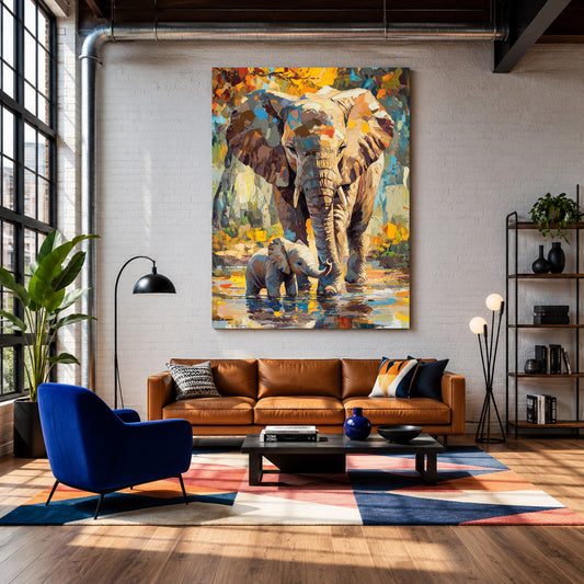 Elephant Canvas Wall Art for Living Room | Mother & Baby Wildlife Wall Decor