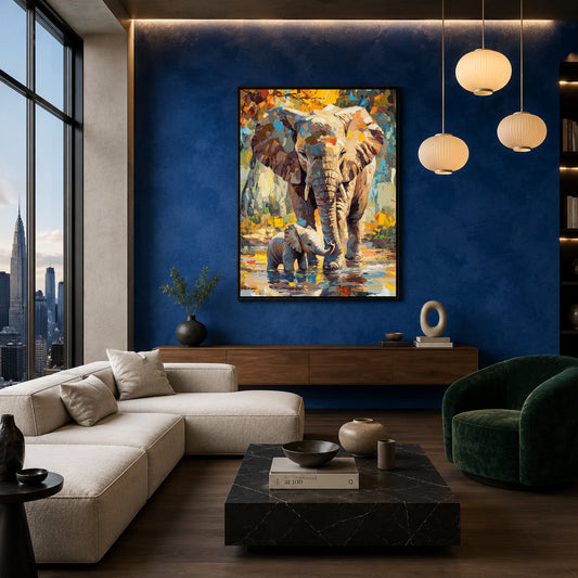 Elephant Canvas Wall Art for Living Room | Mother & Baby Wildlife Wall Decor