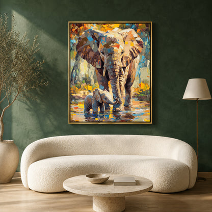Elephant Canvas Wall Art for Living Room | Mother & Baby Wildlife Wall Decor