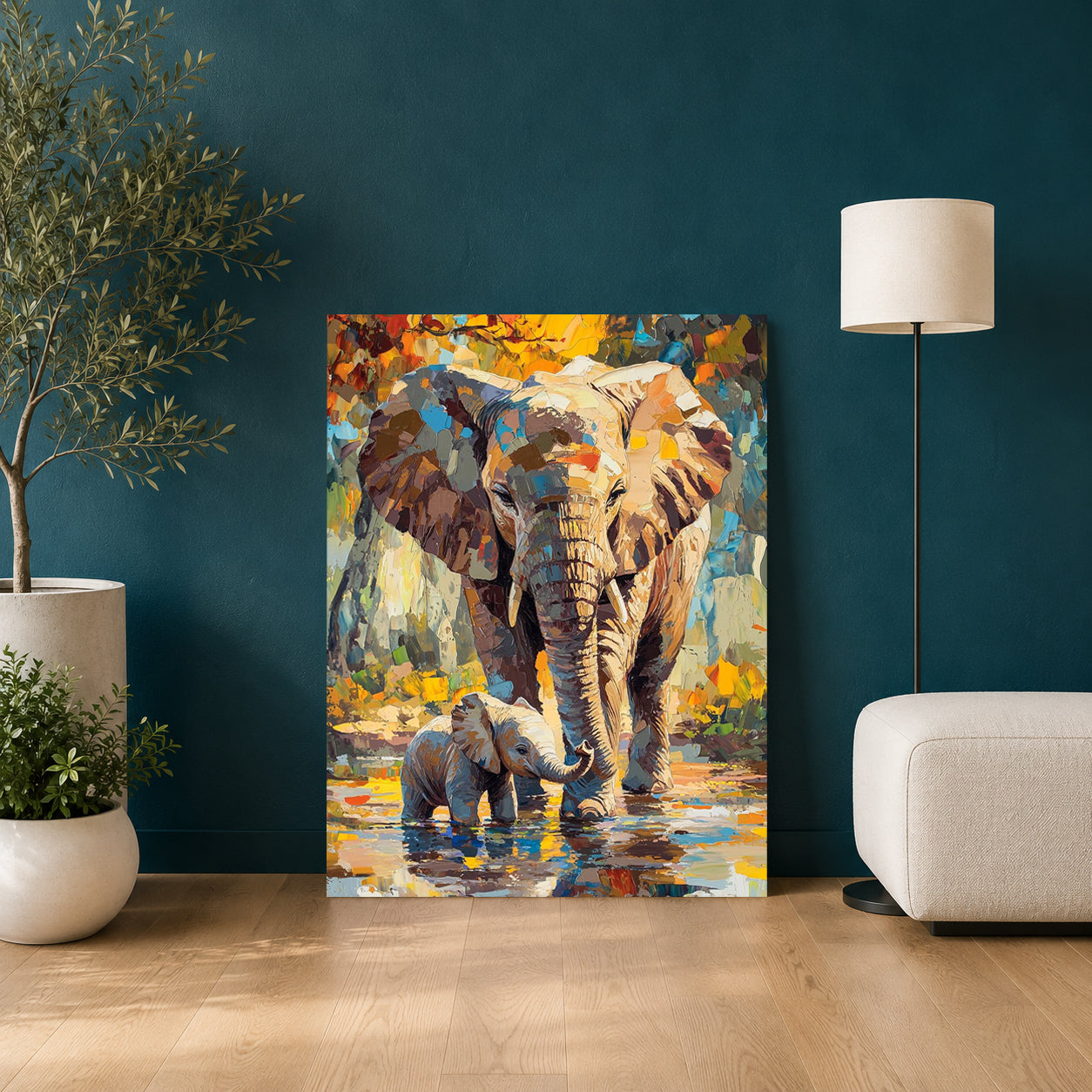 Elephant Canvas Wall Art for Living Room | Mother & Baby Wildlife Wall Decor