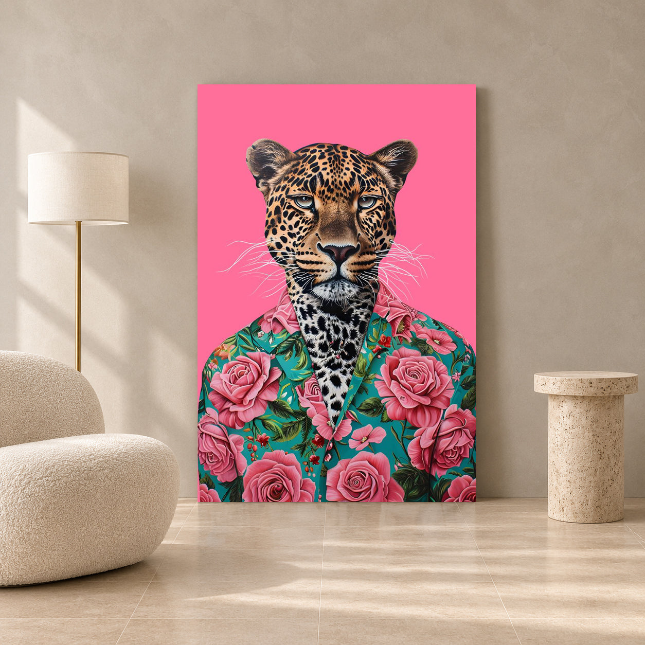 Leopard Canvas Wall Art for Living Room | Floral Animal Portrait Wall Decor