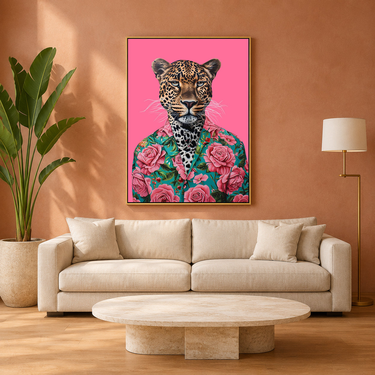 Leopard Canvas Wall Art for Living Room | Floral Animal Portrait Wall Decor