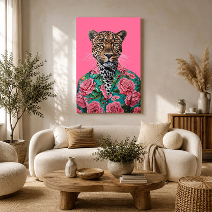 Leopard Canvas Wall Art for Living Room | Floral Animal Portrait Wall Decor