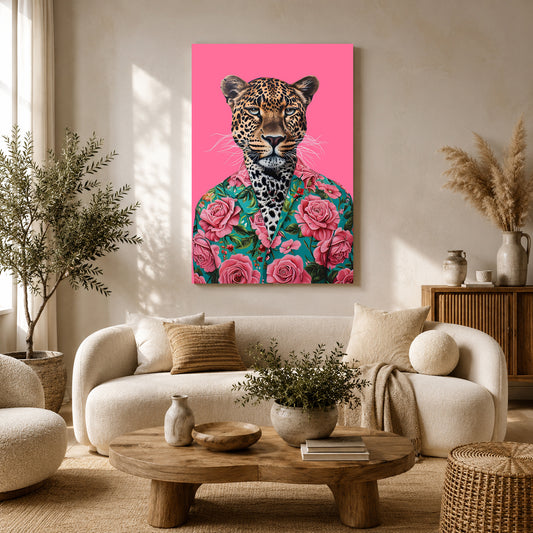 Leopard Canvas Wall Art for Living Room | Floral Animal Portrait Wall Decor