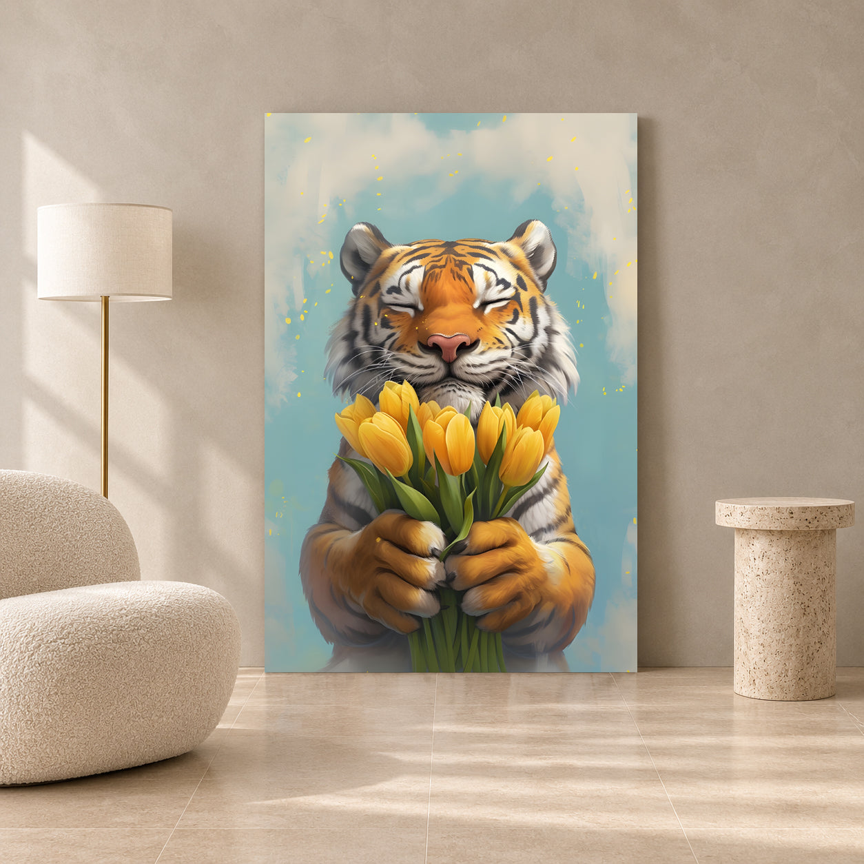 A vertical canvas wall art print featuring a sleeping orange and white tiger holding yellow tulips, displayed in a modern living room setting on a light beige floor against a textured beige wall.