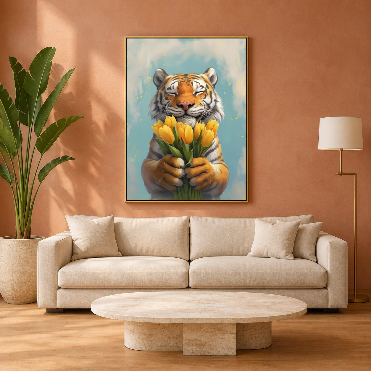 A framed wall art print showing a tiger holding yellow tulips, displayed above a beige sofa in a modern living room with a terracotta wall, potted plant, and floor lamp.