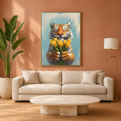 A framed wall art print showing a tiger holding yellow tulips, displayed above a beige sofa in a modern living room with a terracotta wall, potted plant, and floor lamp.