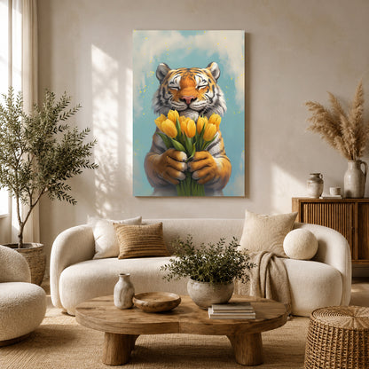 A vertical canvas wall art print featuring a painted tiger holding yellow tulips, displayed above a cream-colored sofa in a styled living room setting.