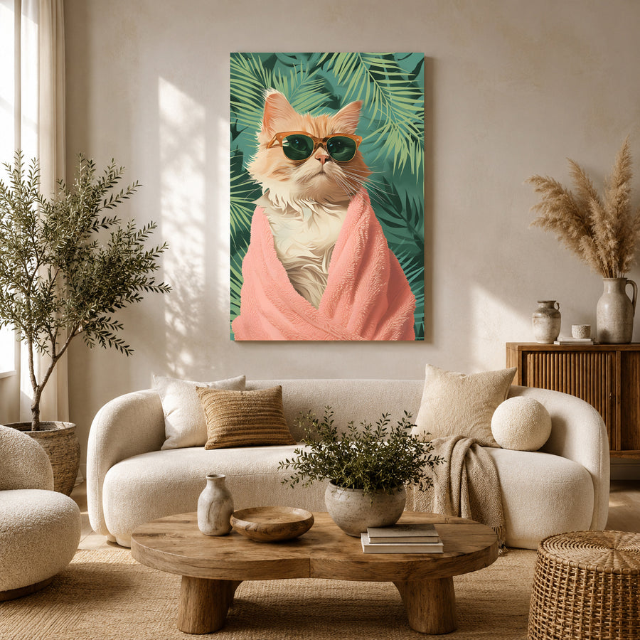 Cool Cat Canvas Wall Art with Sunglasses | Tropical Pop Art Wall Decor