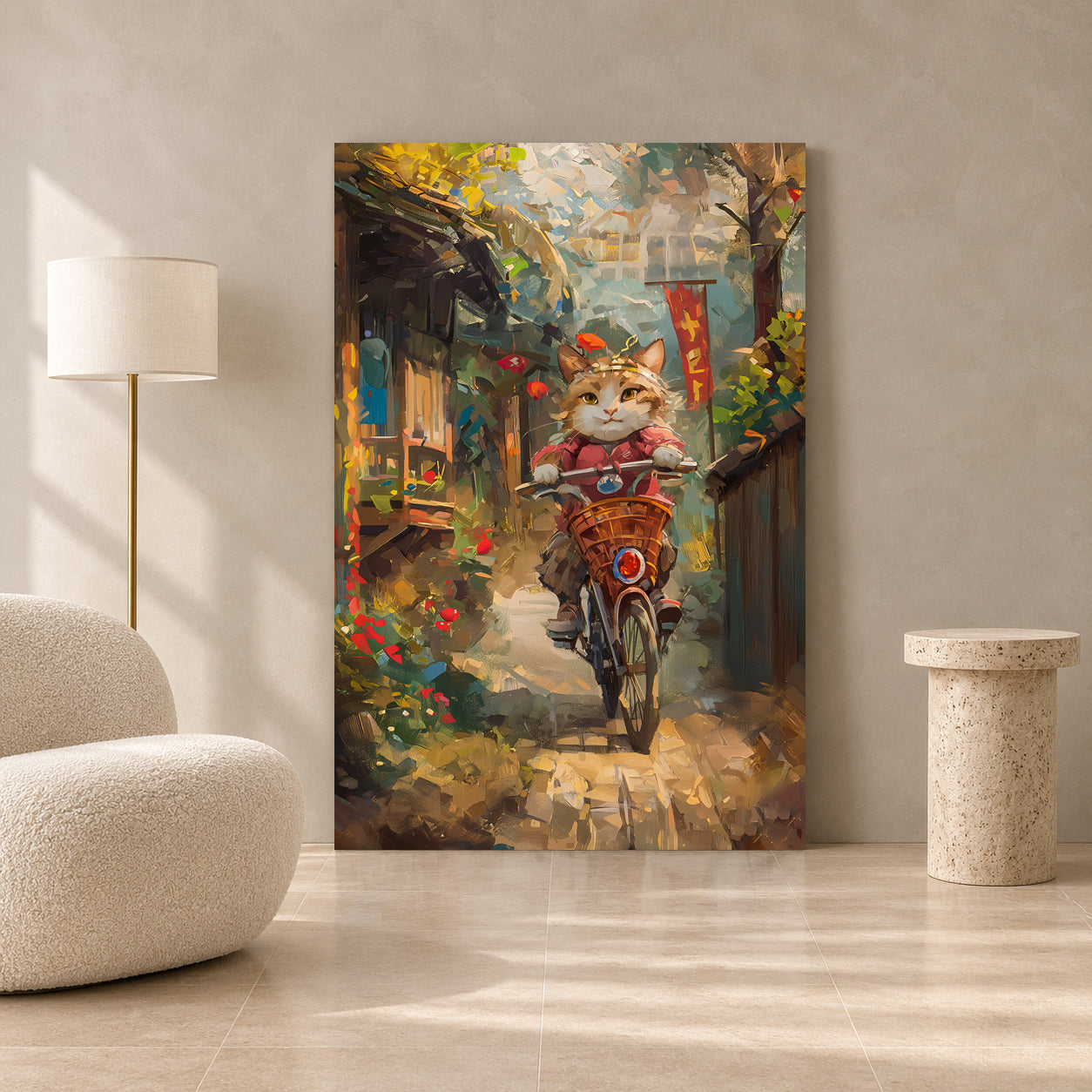 Cute Cat Riding Bicycle Canvas Wall Art for Living Room & Modern Home Decor