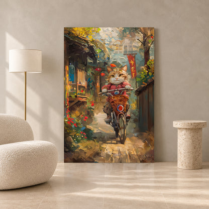 Cute Cat Riding Bicycle Canvas Wall Art for Living Room & Modern Home Decor