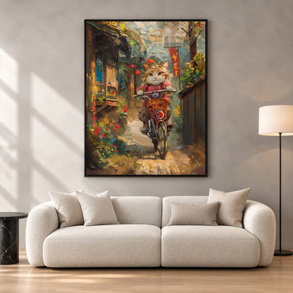 Cute Cat Riding Bicycle Canvas Wall Art for Living Room & Modern Home Decor