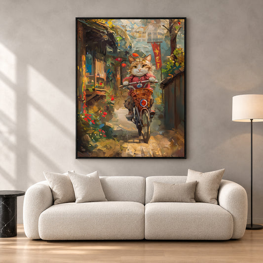 Cute Cat Riding Bicycle Canvas Wall Art for Living Room & Modern Home Decor