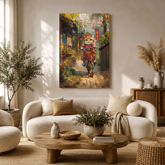 Cute Cat Riding Bicycle Canvas Wall Art for Living Room & Modern Home Decor