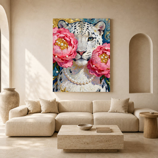 Floral Snow Leopard Canvas Wall Art | Luxury Wildlife Canvas Print with Pink Peonies