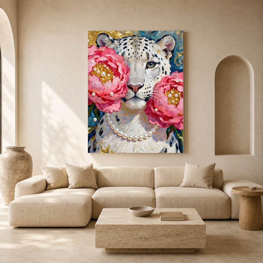 Floral Snow Leopard Canvas Wall Art | Luxury Wildlife Canvas Print with Pink Peonies