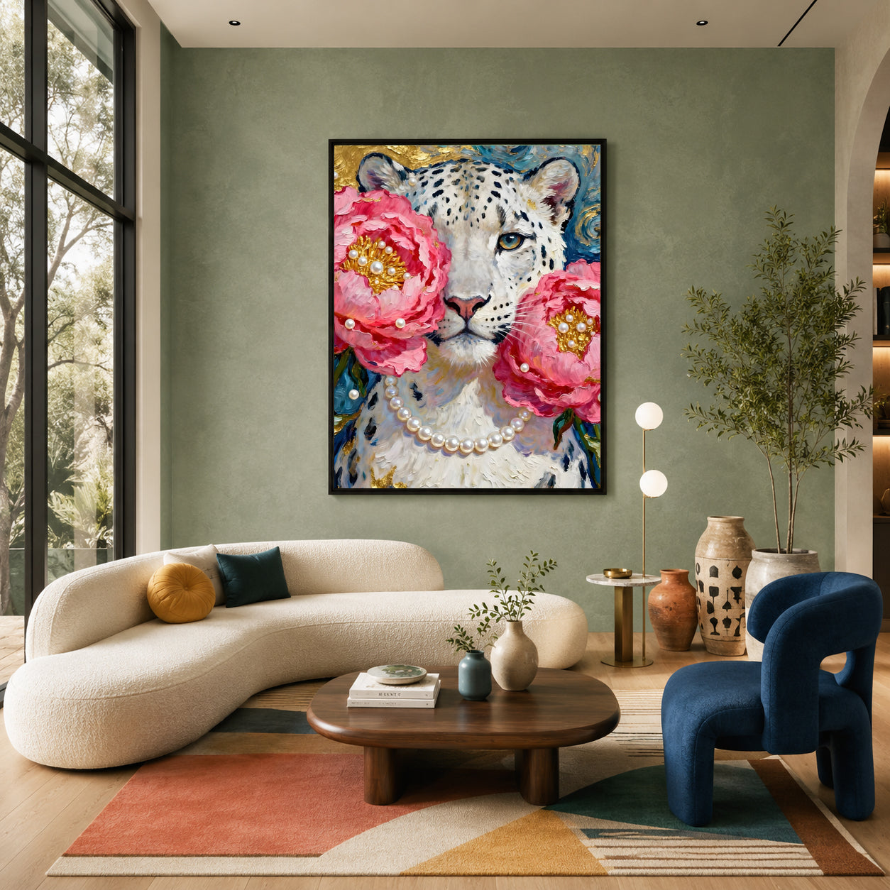 Floral Snow Leopard Canvas Wall Art | Luxury Wildlife Canvas Print with Pink Peonies
