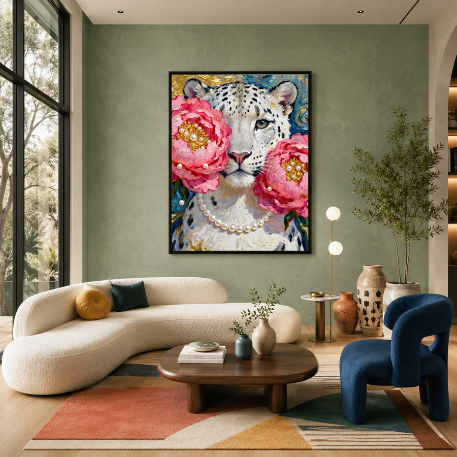 Floral Snow Leopard Canvas Wall Art | Luxury Wildlife Canvas Print with Pink Peonies