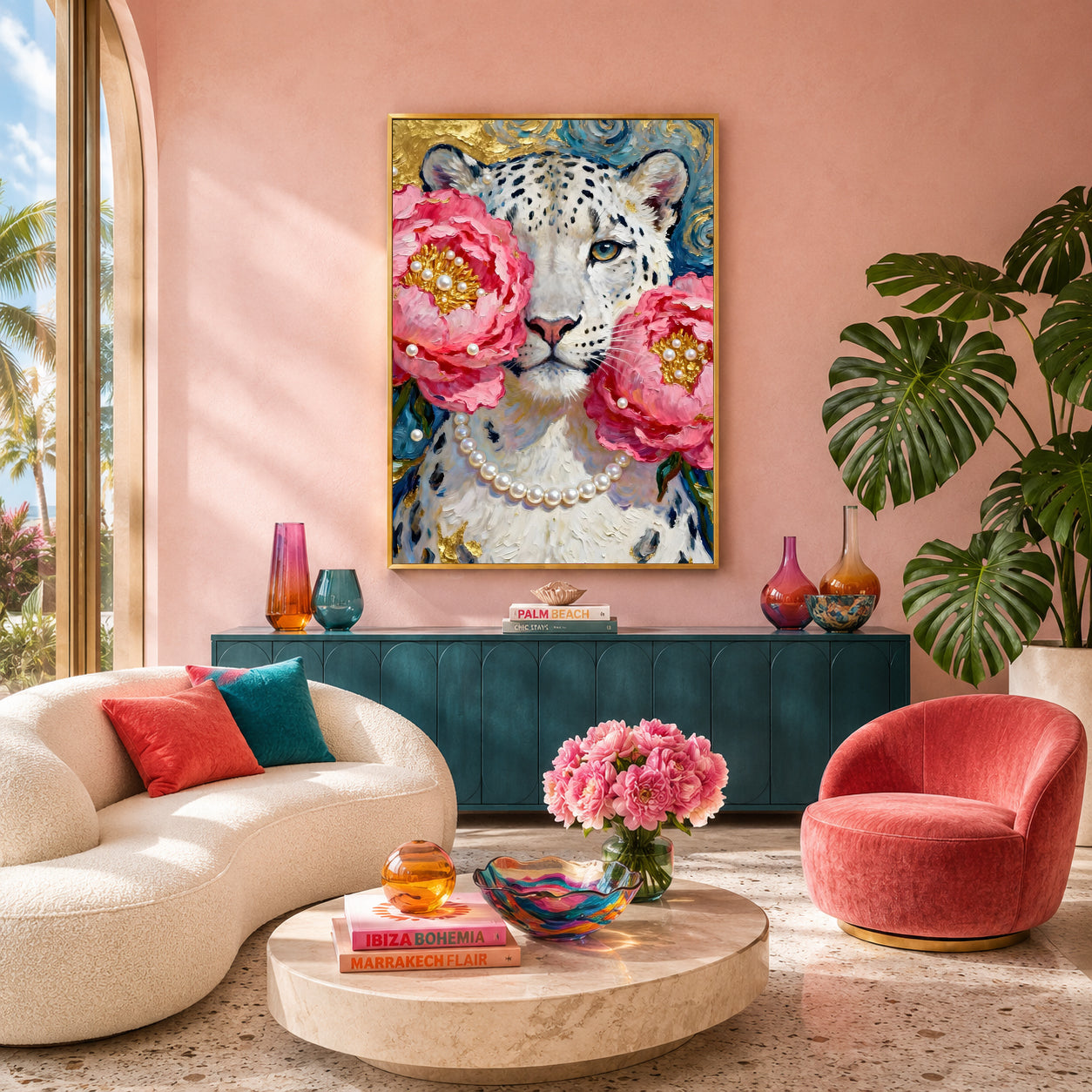 Floral Snow Leopard Canvas Wall Art | Luxury Wildlife Canvas Print with Pink Peonies