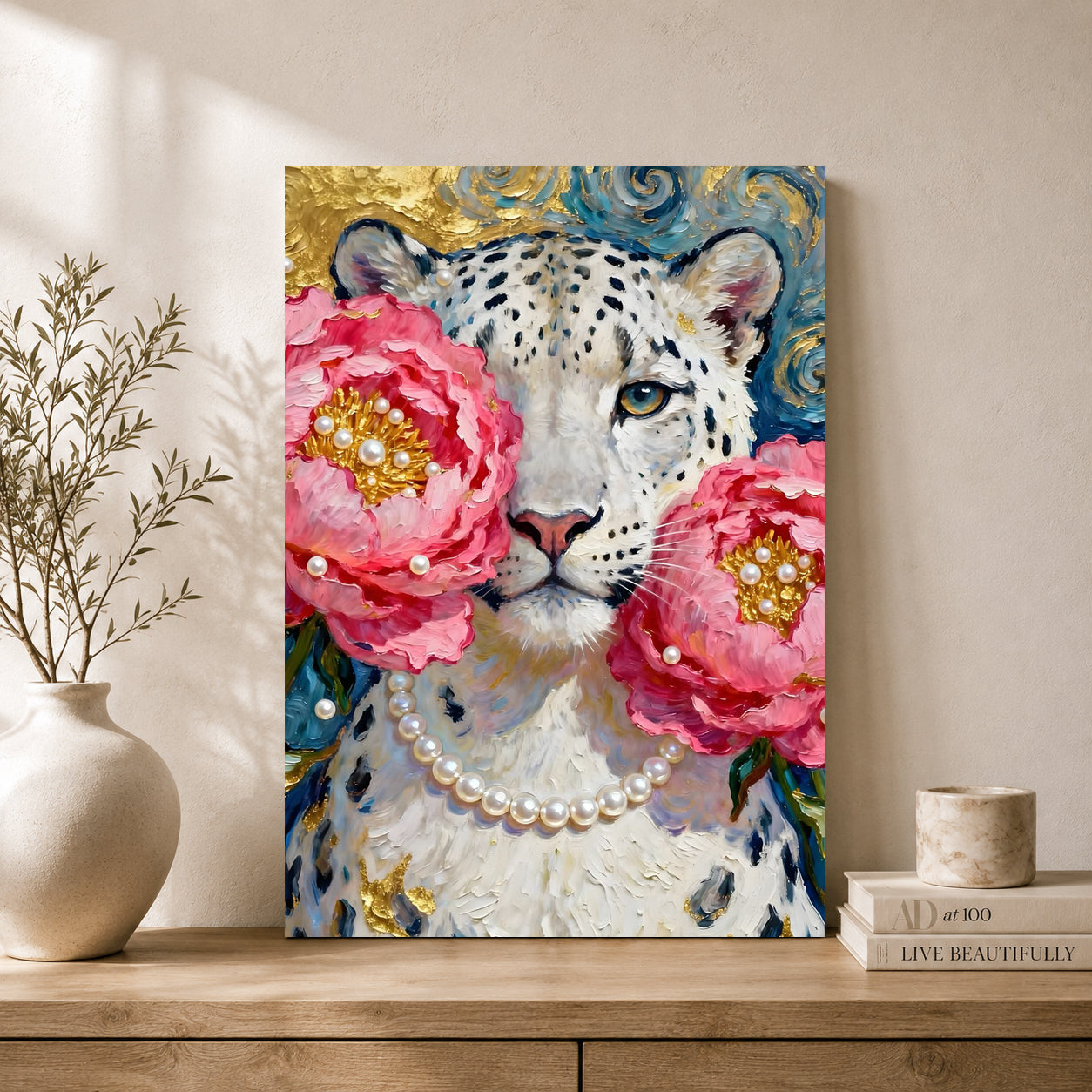 Floral Snow Leopard Canvas Wall Art | Luxury Wildlife Canvas Print with Pink Peonies