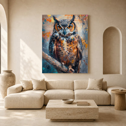 A large vertical canvas print of a detailed owl painting hanging on a beige wall above a modern beige sectional sofa in a styled living room.