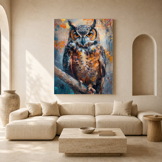 A large vertical canvas print of a detailed owl painting hanging on a beige wall above a modern beige sectional sofa in a styled living room.