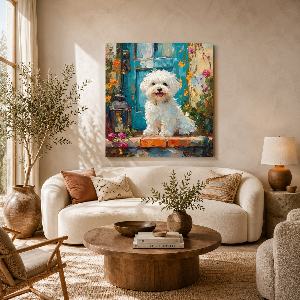 Cute White Puppy Canvas Wall Art for Living Room & Dog Lovers