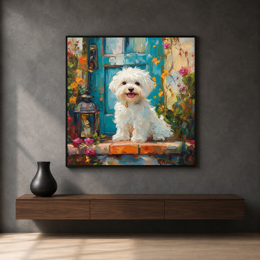 Cute White Puppy Canvas Wall Art for Living Room & Dog Lovers