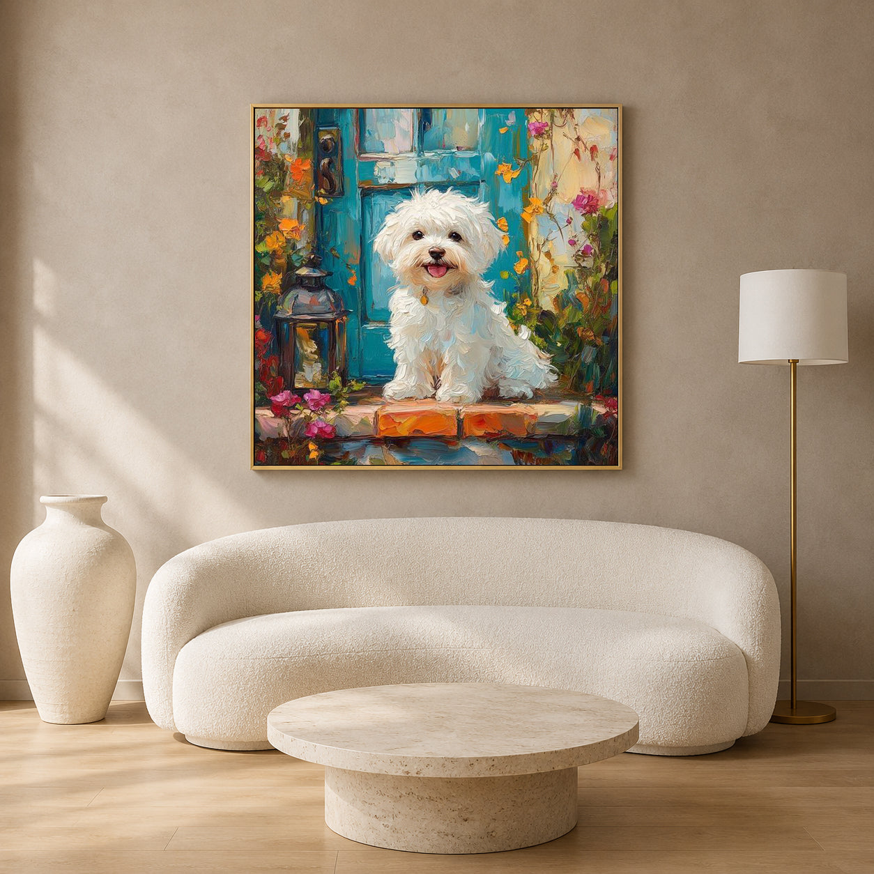 Cute White Puppy Canvas Wall Art for Living Room & Dog Lovers