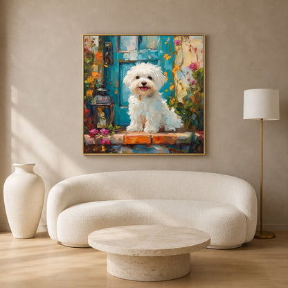 Cute White Puppy Canvas Wall Art for Living Room & Dog Lovers
