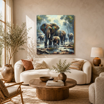 A framed canvas art print depicting a herd of elephants walking through shallow water, displayed on a beige wall in a modern, sunlit living room with a white sofa and wooden coffee table.