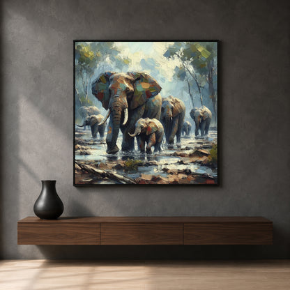 A framed canvas art print depicting a herd of elephants walking through a muddy waterhole, displayed on a dark gray wall above a wooden console table with a black vase.