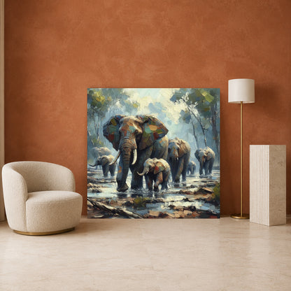 A large canvas painting of a family of elephants walking through shallow water in a forest, displayed on a terracotta wall in a modern living room setting with a beige armchair and a floor lamp.