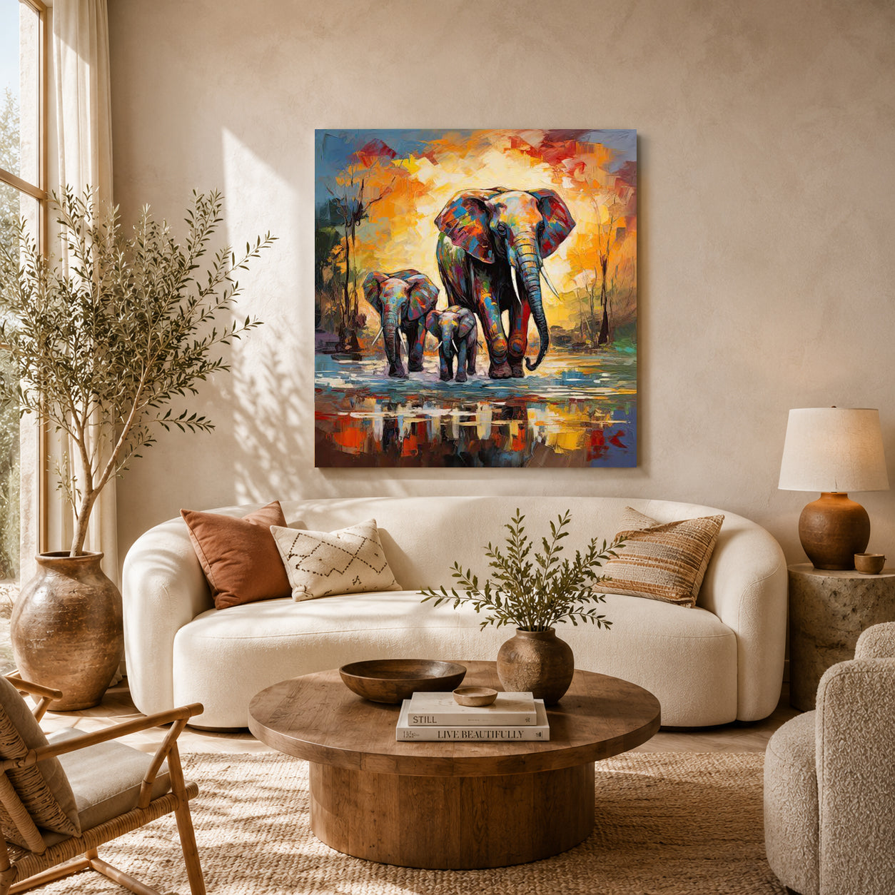 Colorful Elephant Family Canvas Wall Art for Living Room & Modern Home Decor