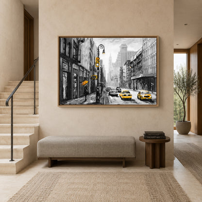 New York Yellow Taxi Canvas Art – Black and White City Wall Decor