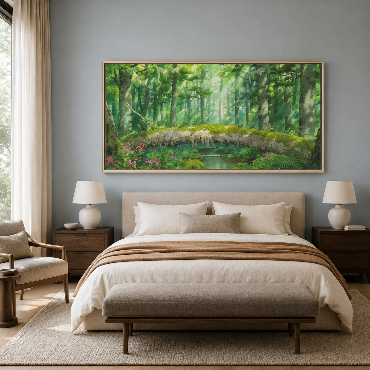 Enchanted Forest Bridge Canvas Wall Art Green Nature Landscape