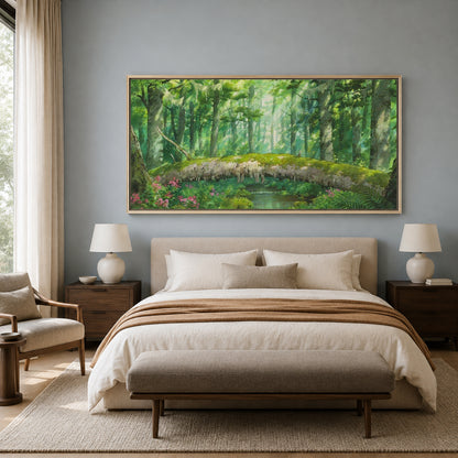 Enchanted Forest Bridge Canvas Wall Art Green Nature Landscape