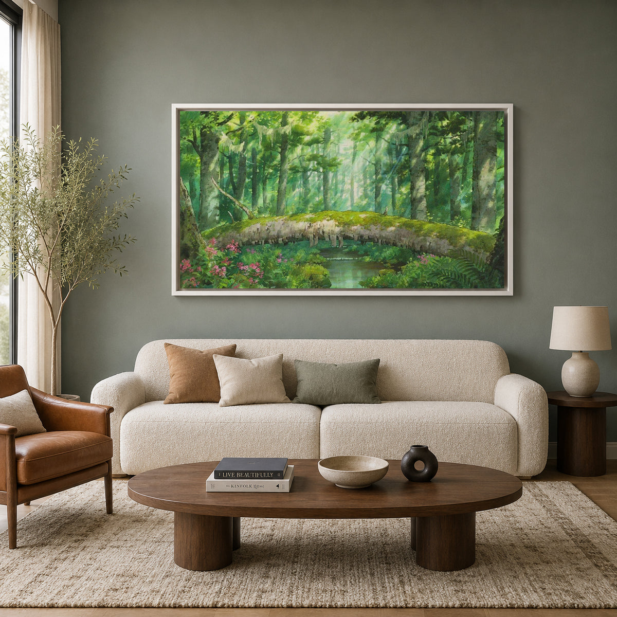 Enchanted Forest Bridge Canvas Wall Art Green Nature Landscape