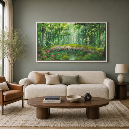 Enchanted Forest Bridge Canvas Wall Art Green Nature Landscape
